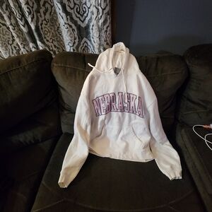 J. America White Hoodie with Pink Nebraska Logo